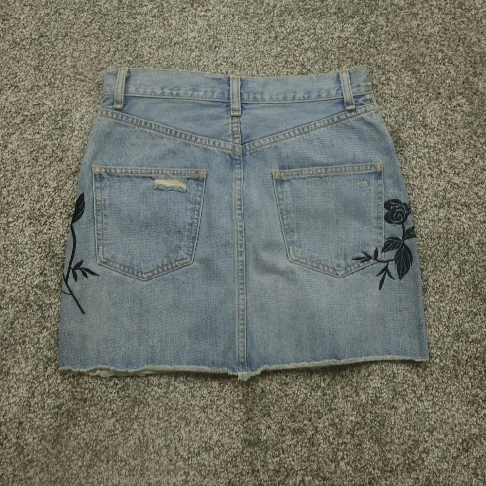 Rag & Bone Skirt Womens 25 Blue Denim Distressed Embroidered Floral USA